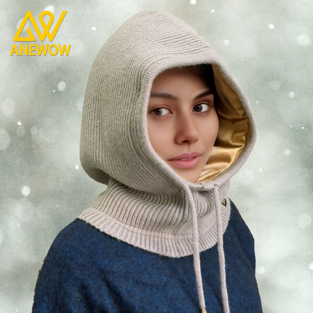 ANEWOW Winter Unisex Solid Khaki Grey Color With Golden Satin-Lined Balaclava Stylish, Hair-Protecting, And Neck-Warming Knit Hood With Luxurious Elastic Satin Lining, Ideal For Cold Weather Wear-AW1262