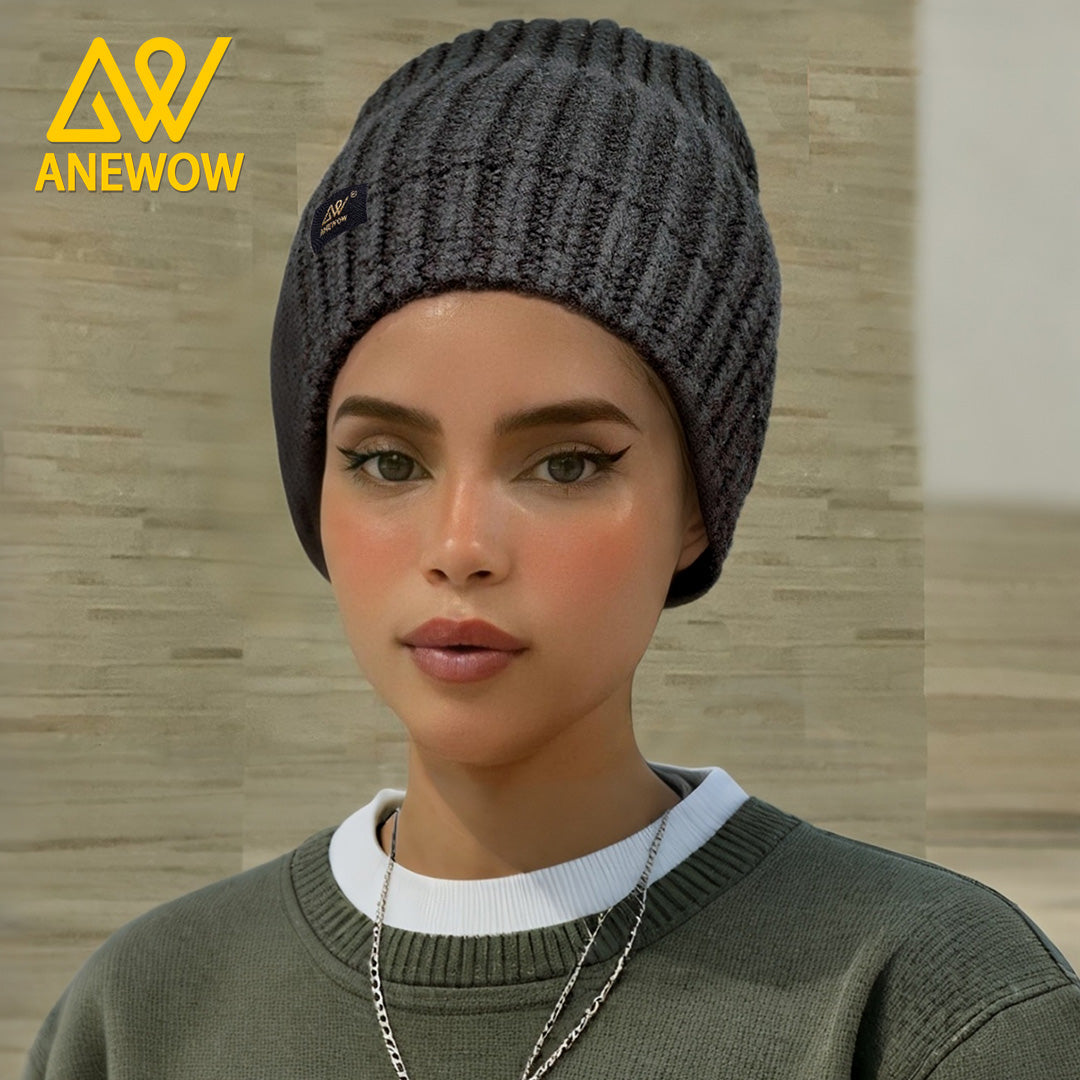 ANEWOW Ribbed Knit Black Beanie with Satin Lining ¨C Soft, Stretchy, and Stylish Winter Hat for Ultimate Comfort AW1264