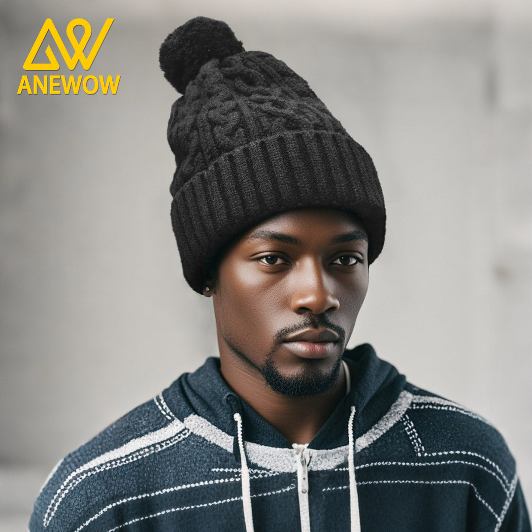 ANEWOW Black Solid Color Satin-Lined Beanie with Pom Pom: The Premier Hair Protection Accessory-AW1259