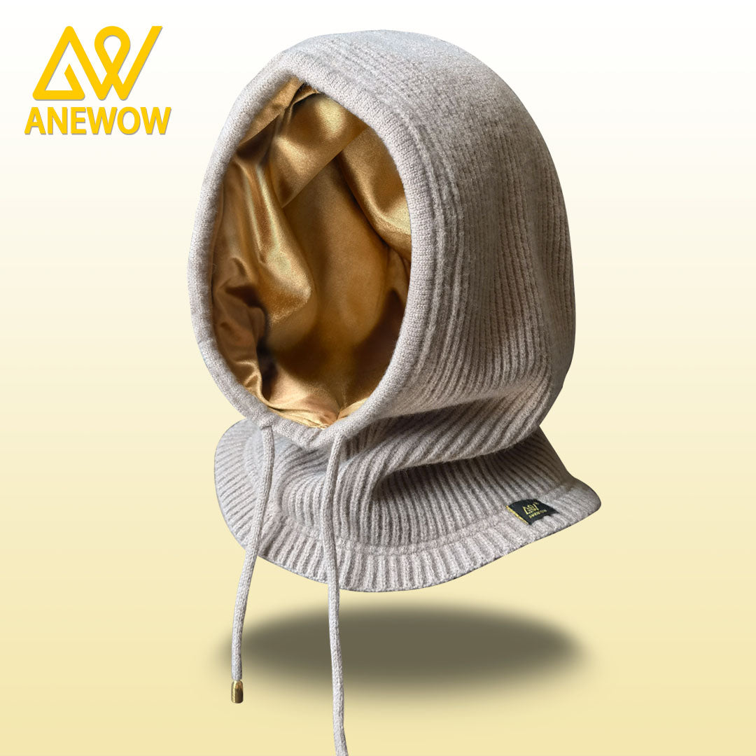 ANEWOW Winter Unisex Solid Khaki Grey Color With Golden Satin-Lined Balaclava Stylish, Hair-Protecting, And Neck-Warming Knit Hood With Luxurious Elastic Satin Lining, Ideal For Cold Weather Wear-AW1262