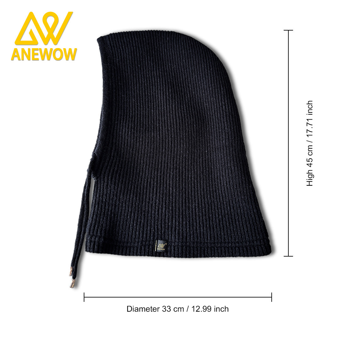 ANEWOW Winter Unisex Black solid color Satin-Lined Balaclava ¨C Stylish, Hair-Protecting, and Neck-Warming Knit Hood with Luxurious Elastic Satin Lining, Ideal for Cold Weather Wear-AW1263
