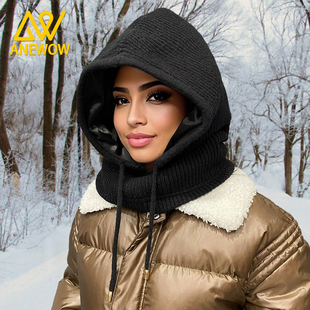 ANEWOW Winter Unisex Black solid color Satin-Lined Balaclava ¨C Stylish, Hair-Protecting, and Neck-Warming Knit Hood with Luxurious Elastic Satin Lining, Ideal for Cold Weather Wear-AW1263