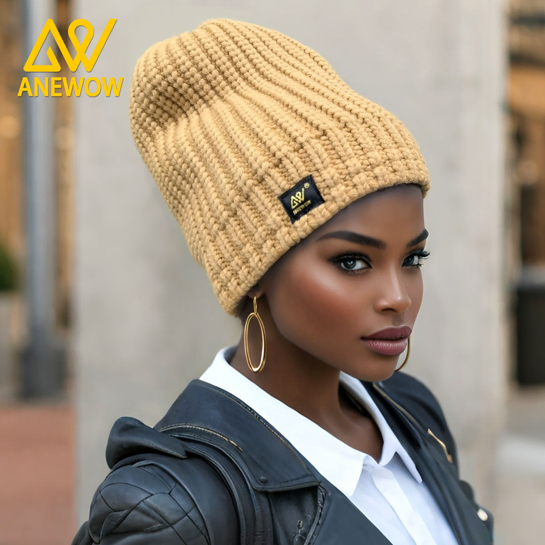 ANEWOW Ribbed Knit Biscuit Color Beanie with Satin Lining ¨C Soft, Stretchy, and Stylish Winter Hat for Ultimate Comfort AW1265
