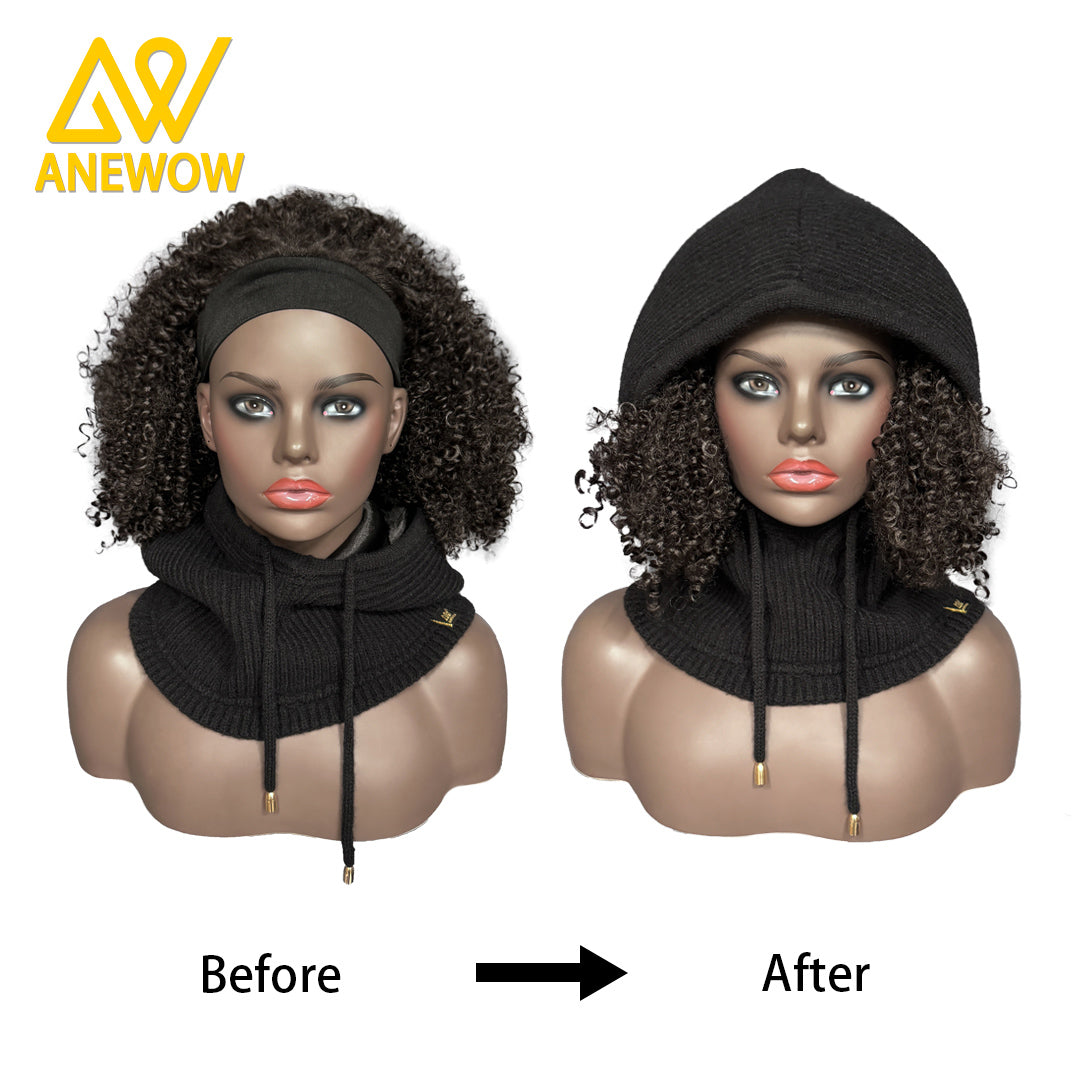 ANEWOW Winter Unisex Black solid color Satin-Lined Balaclava ¨C Stylish, Hair-Protecting, and Neck-Warming Knit Hood with Luxurious Elastic Satin Lining, Ideal for Cold Weather Wear-AW1263