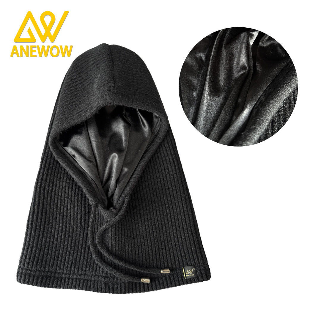 ANEWOW Winter Unisex Black solid color Satin-Lined Balaclava ¨C Stylish, Hair-Protecting, and Neck-Warming Knit Hood with Luxurious Elastic Satin Lining, Ideal for Cold Weather Wear-AW1263