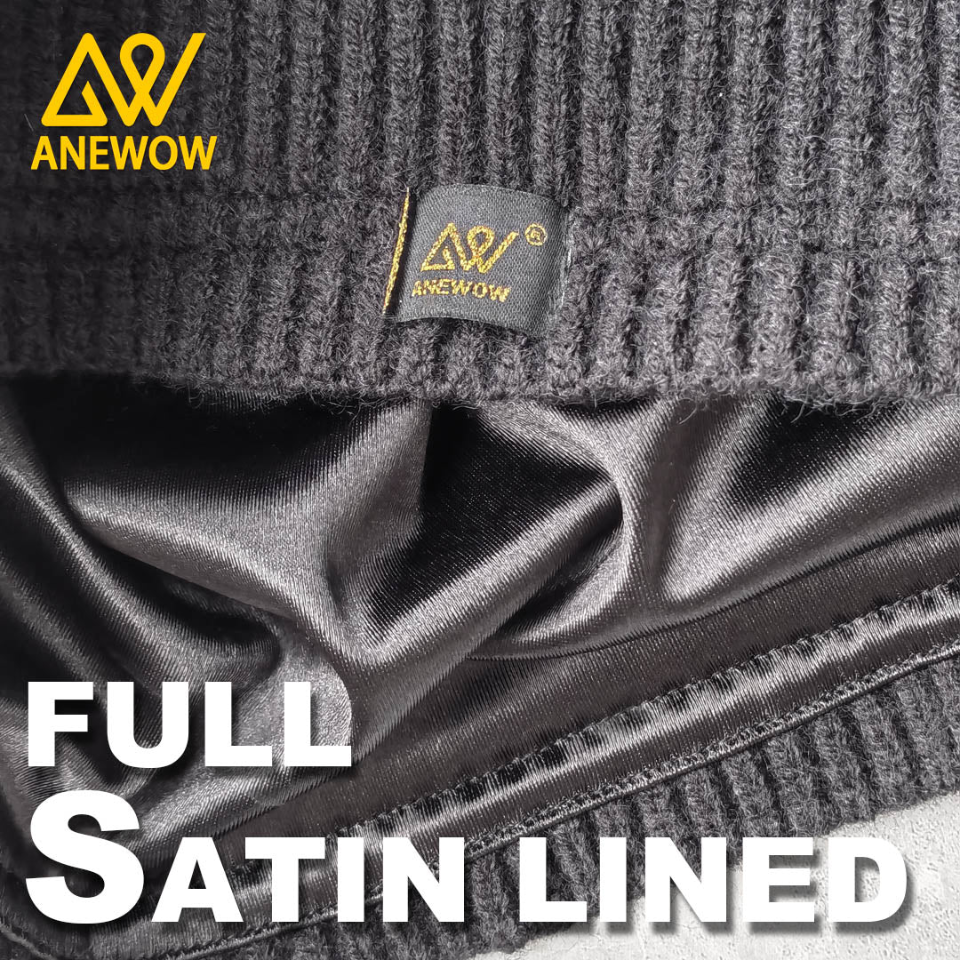 ANEWOW Winter Unisex Black solid color Satin-Lined Balaclava ¨C Stylish, Hair-Protecting, and Neck-Warming Knit Hood with Luxurious Elastic Satin Lining, Ideal for Cold Weather Wear-AW1263