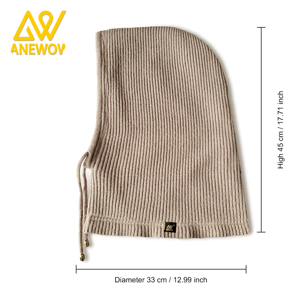 ANEWOW Winter Unisex Solid Khaki Grey Color With Golden Satin-Lined Balaclava Stylish, Hair-Protecting, And Neck-Warming Knit Hood With Luxurious Elastic Satin Lining, Ideal For Cold Weather Wear-AW1262