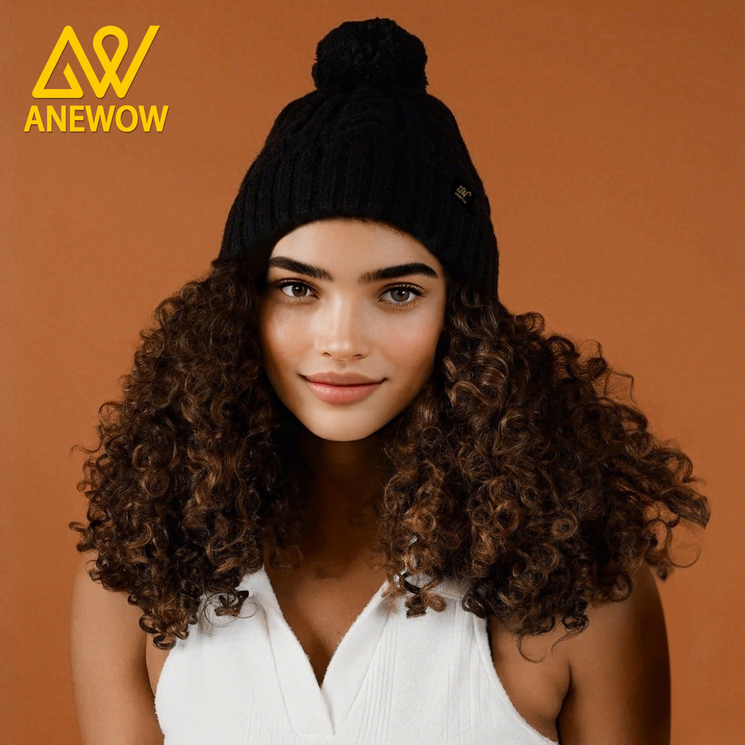 ANEWOW Black Solid Color Satin-Lined Beanie with Pom Pom: The Premier Hair Protection Accessory-AW1259