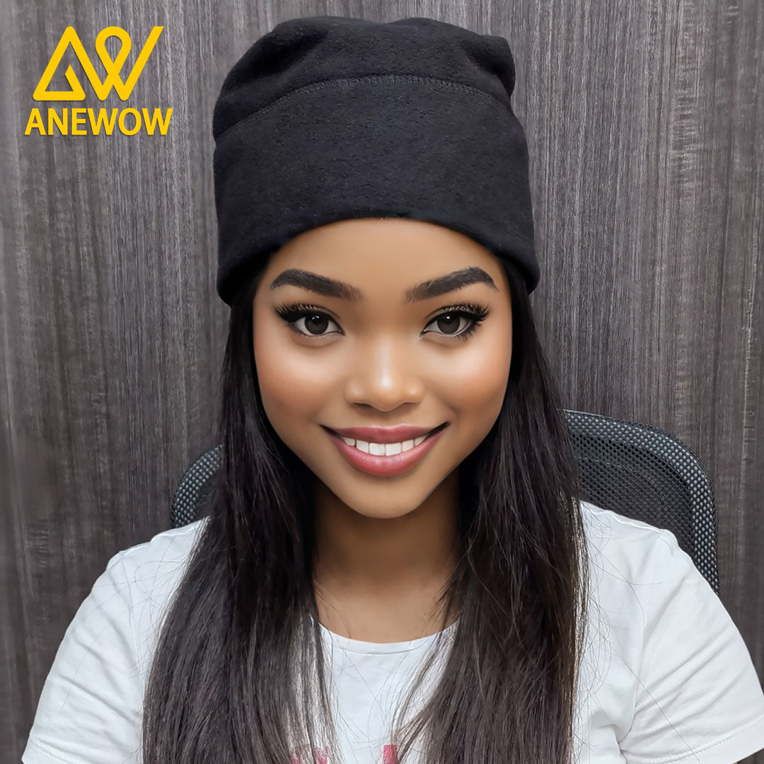 ANEWOW Black Cozy Fleece Satin-lined Beanie-AW3153