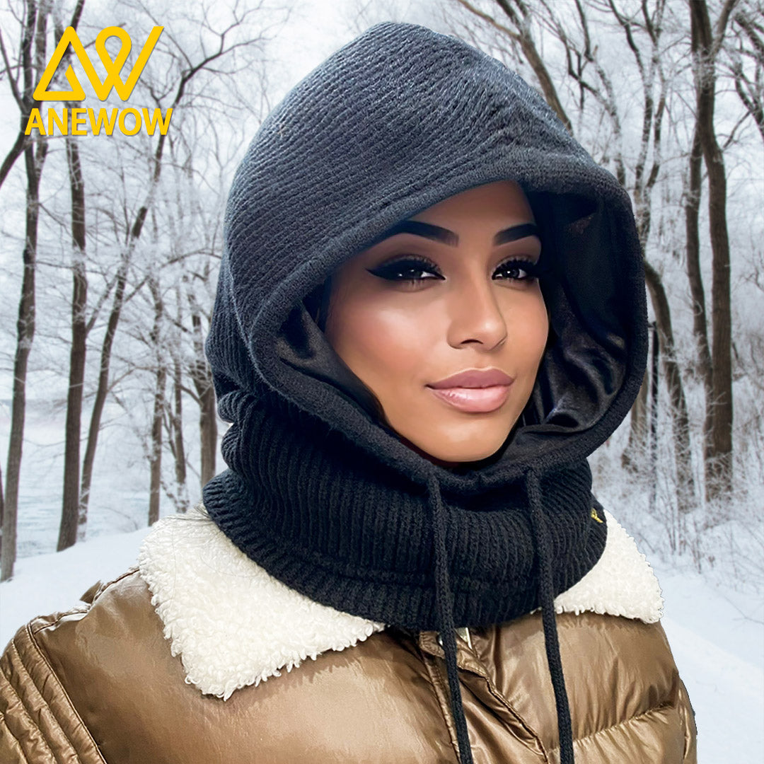 ANEWOW Winter Unisex Black solid color Satin-Lined Balaclava ¨C Stylish, Hair-Protecting, and Neck-Warming Knit Hood with Luxurious Elastic Satin Lining, Ideal for Cold Weather Wear-AW1263