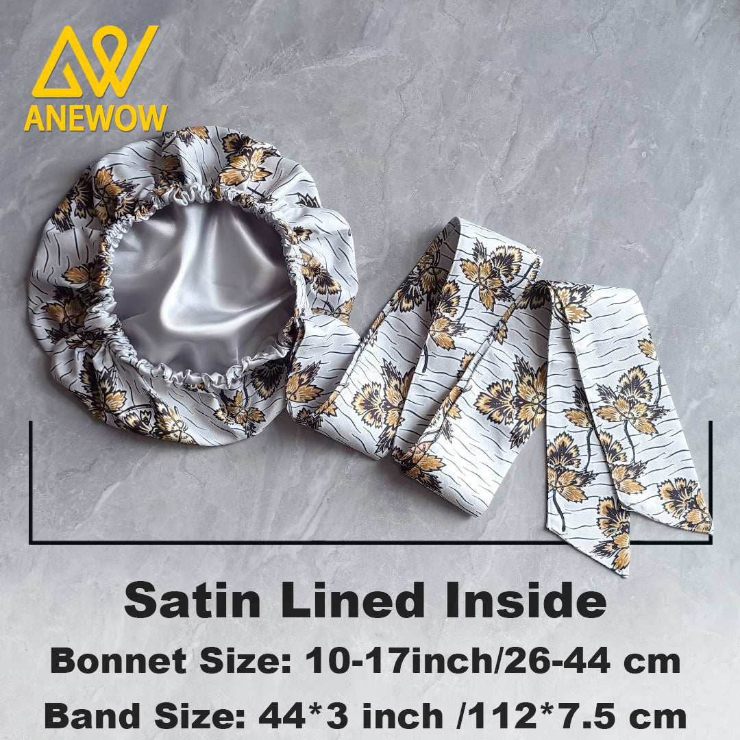 ANEWOW Khaki Leaf Print Bonnet Headwrap with Satin Lining Vibrant Style & Comfort AW1908