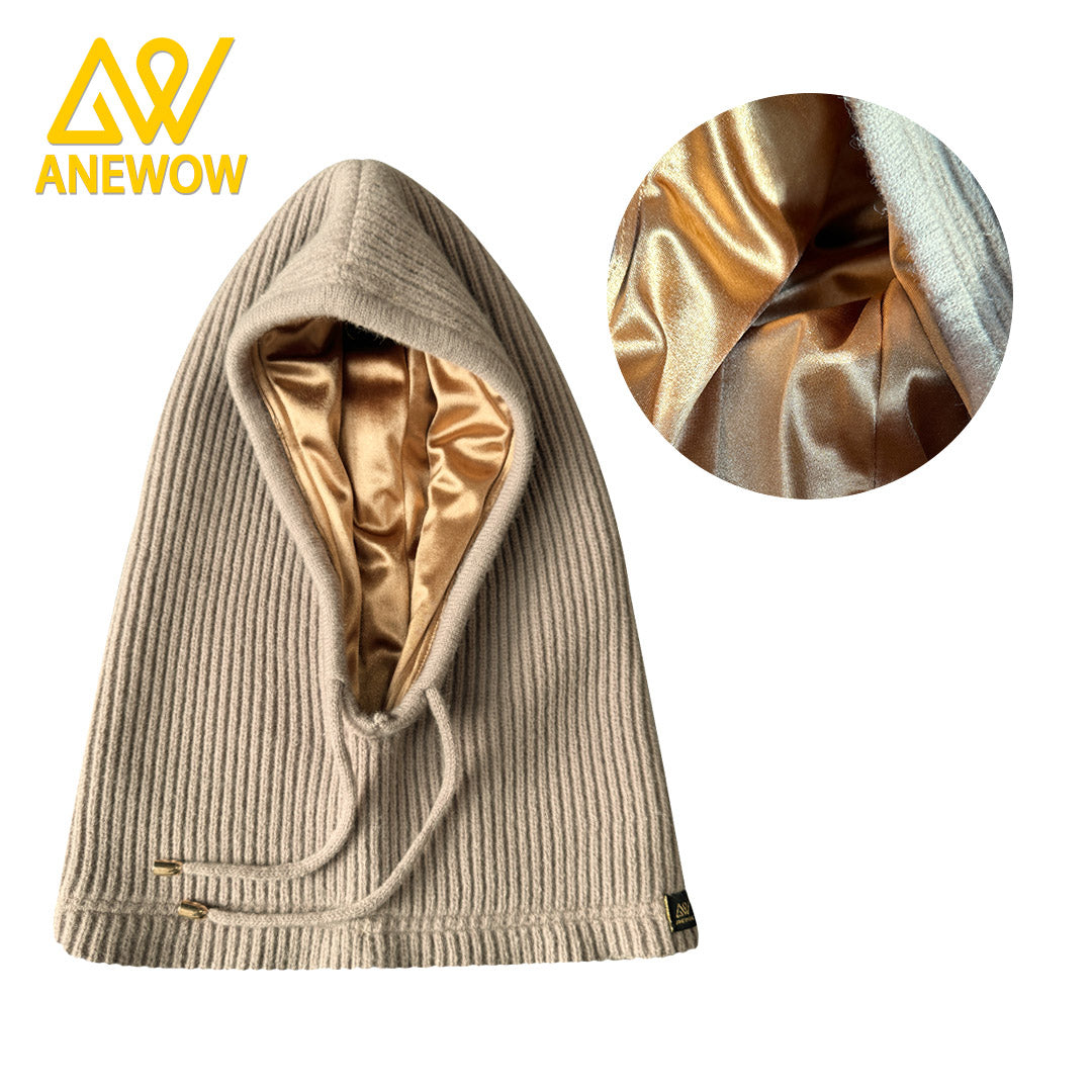 ANEWOW Winter Unisex Solid Khaki Grey Color With Golden Satin-Lined Balaclava Stylish, Hair-Protecting, And Neck-Warming Knit Hood With Luxurious Elastic Satin Lining, Ideal For Cold Weather Wear-AW1262