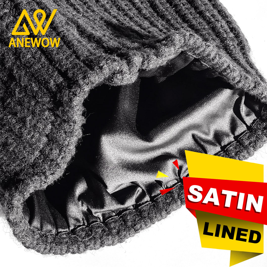 ANEWOW Ribbed Knit Black Beanie with Satin Lining ¨C Soft, Stretchy, and Stylish Winter Hat for Ultimate Comfort AW1264