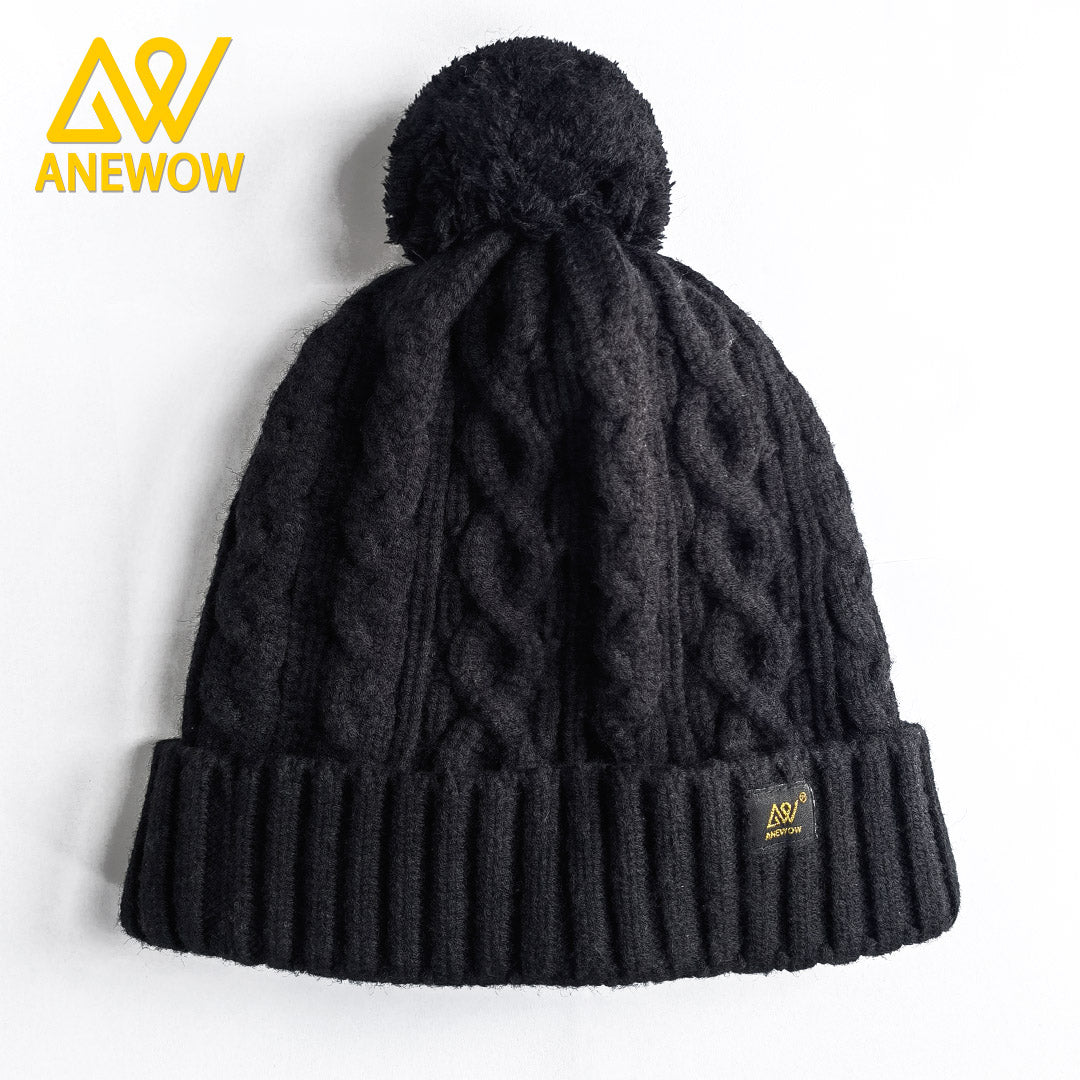 ANEWOW Black Solid Color Satin-Lined Beanie with Pom Pom: The Premier Hair Protection Accessory-AW1259