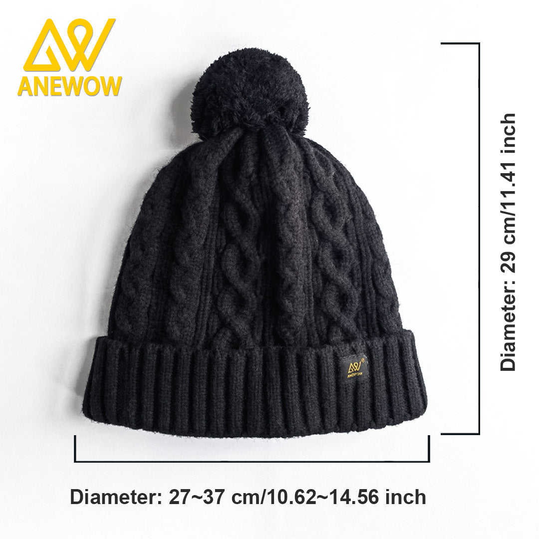 ANEWOW Black Solid Color Satin-Lined Beanie with Pom Pom: The Premier Hair Protection Accessory-AW1259