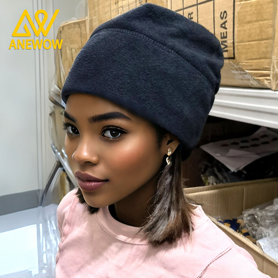 ANEWOW Black Cozy Fleece Satin-lined Beanie-AW3153