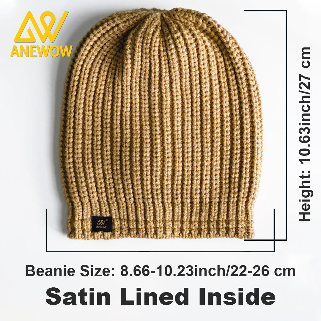 ANEWOW Ribbed Knit Biscuit Color Beanie with Satin Lining ¨C Soft, Stretchy, and Stylish Winter Hat for Ultimate Comfort AW1265