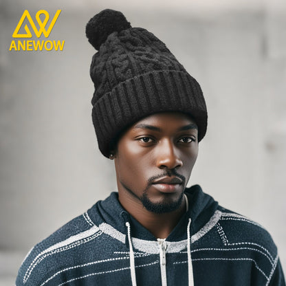 ANEWOW Black Solid Color Satin-Lined Beanie with Pom Pom: The Premier Hair Protection Accessory-AW1259