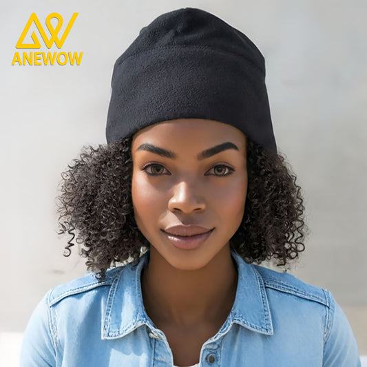 ANEWOW Black Cozy Fleece Satin-lined Beanie-AW3153