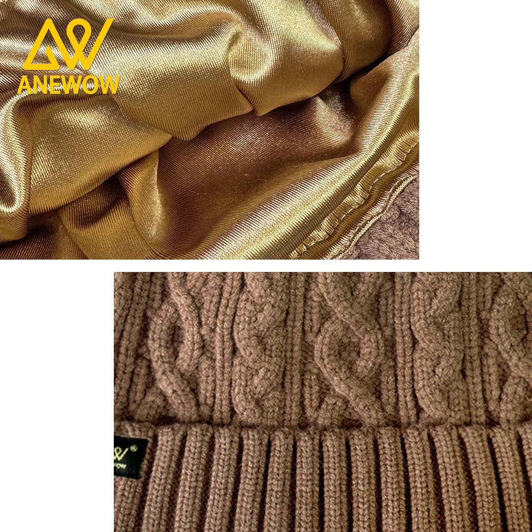 ANEWOW Brown Color Satin-Lined Beanie with Pom Pom: The Premier Hair Protection Accessory-AW1258