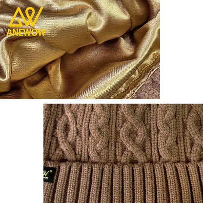 ANEWOW Brown Color Satin-Lined Beanie with Pom Pom: The Premier Hair Protection Accessory-AW1258
