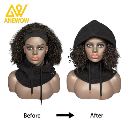 ANEWOW Winter Unisex Black solid color Satin-Lined Balaclava ¨C Stylish, Hair-Protecting, and Neck-Warming Knit Hood with Luxurious Elastic Satin Lining, Ideal for Cold Weather Wear-AW1263