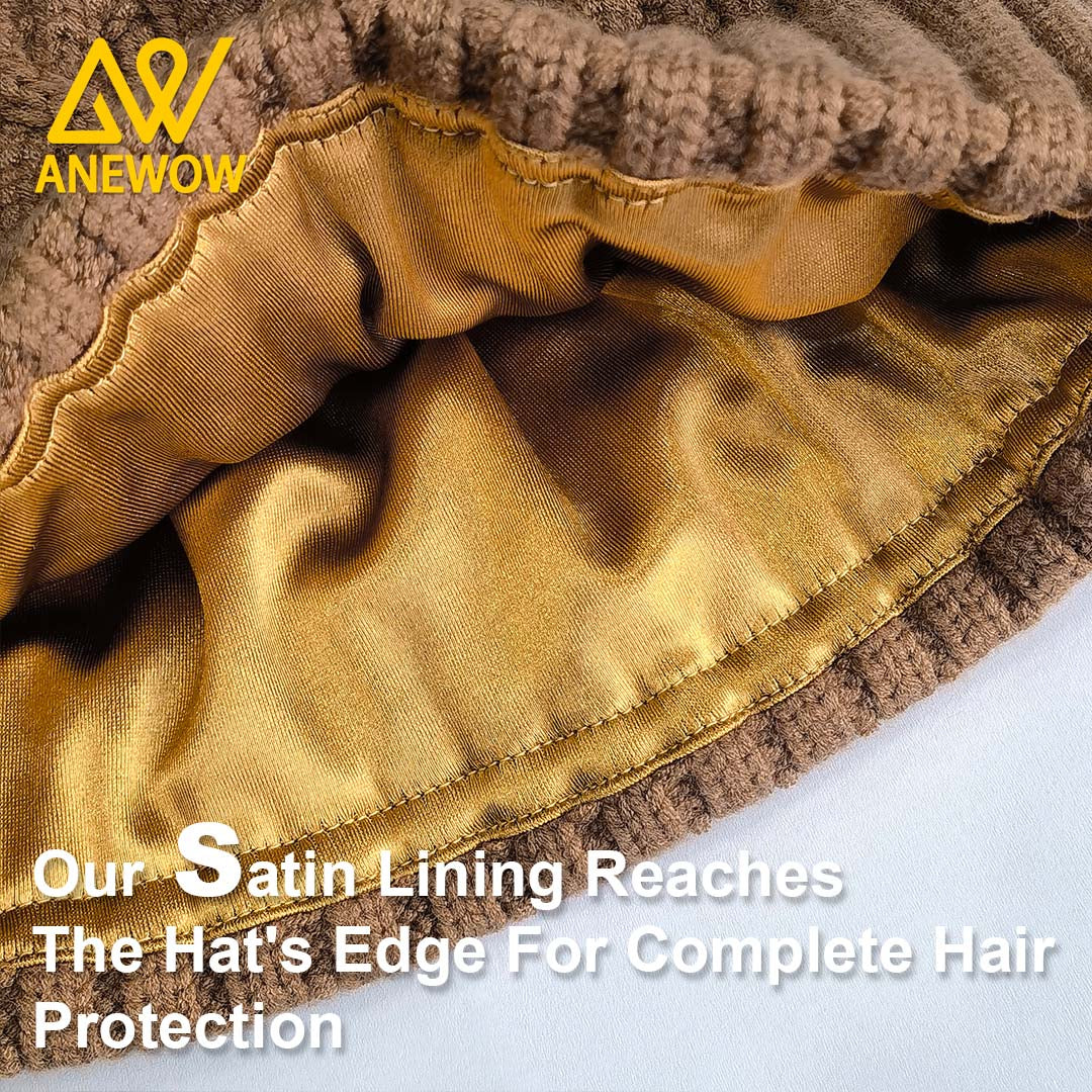 ANEWOW Brown Color Satin-Lined Beanie with Pom Pom: The Premier Hair Protection Accessory-AW1258