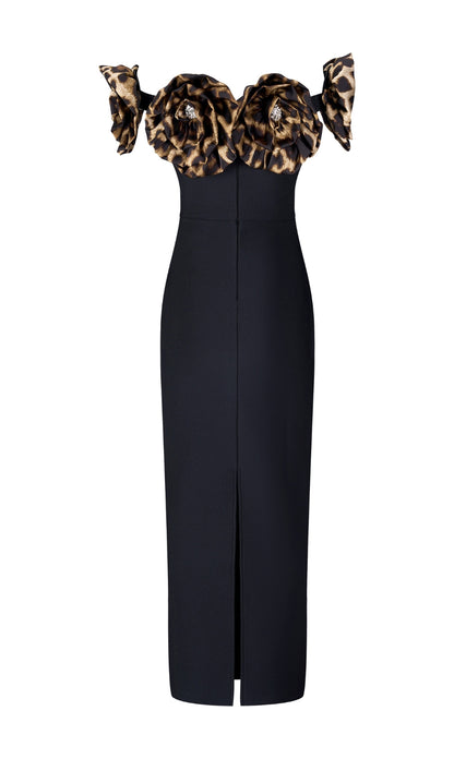 Dorona Black Leopard Flower Bandage Maxi Dress