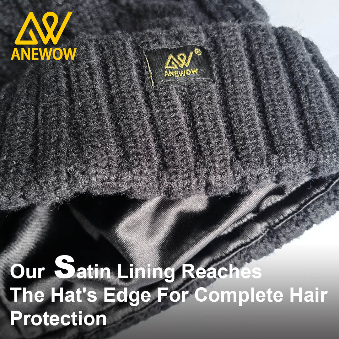 ANEWOW Black Solid Color Satin-Lined Beanie with Pom Pom: The Premier Hair Protection Accessory-AW1259