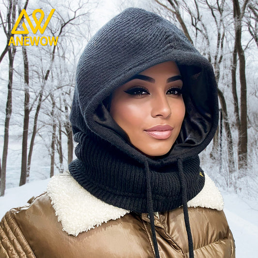 ANEWOW Winter Unisex Black solid color Satin-Lined Balaclava ¨C Stylish, Hair-Protecting, and Neck-Warming Knit Hood with Luxurious Elastic Satin Lining, Ideal for Cold Weather Wear-AW1263