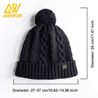 ANEWOW Black Solid Color Satin-Lined Beanie with Pom Pom: The Premier Hair Protection Accessory-AW1259