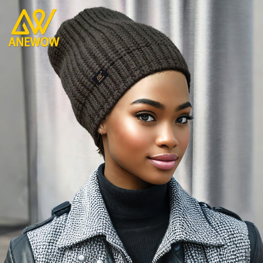 ANEWOW Ribbed Knit Black Beanie with Satin Lining ¨C Soft, Stretchy, and Stylish Winter Hat for Ultimate Comfort AW1264