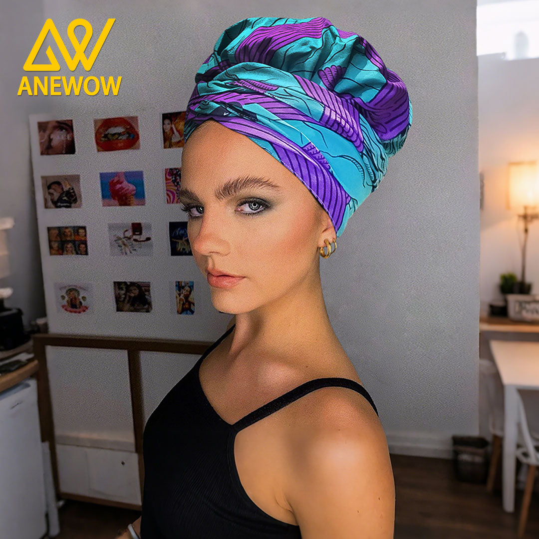 ANEWOW African Pattern Satin-Lined Turban Bonnet Headwrap - Vibrant Multi-Color Head Scarf for Women-AW1130