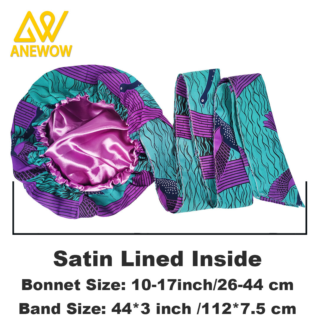 ANEWOW African Pattern Satin-Lined Turban Bonnet Headwrap - Vibrant Multi-Color Head Scarf for Women-AW1130