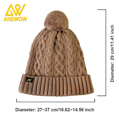 ANEWOW Brown Color Satin-Lined Beanie with Pom Pom: The Premier Hair Protection Accessory-AW1258