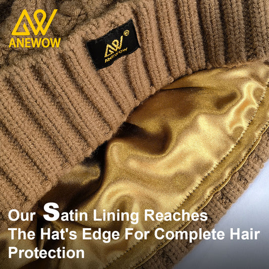ANEWOW Brown Color Satin-Lined Beanie with Pom Pom: The Premier Hair Protection Accessory-AW1258